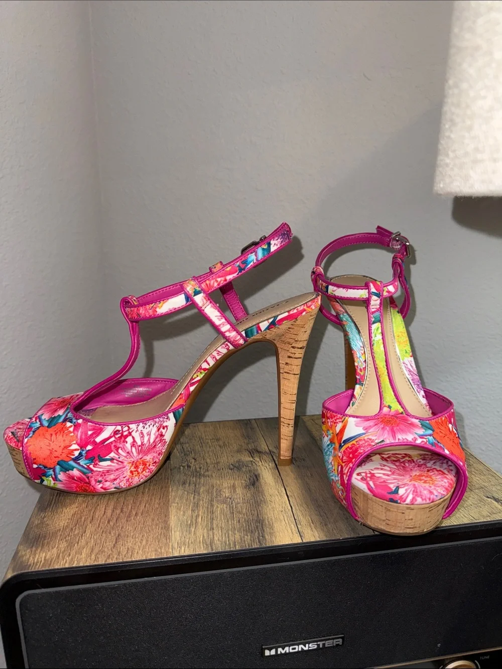Gianni Bini Hot Pink Floral T-Strap Platform Sandals